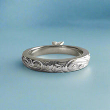 Load image into Gallery viewer, Kaimana Kula Old English &amp; Hibiscus 3mm Solitaire with Heart Diamond in 14K White Gold in size 4

