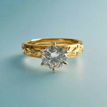 Load image into Gallery viewer, Kaimana Kula Shiny Maile &amp; Hibiscus 4mm Solitaire Ring with Cubic Zirconia in 14K Yellow Gold in size 8 1/8
