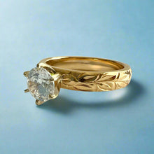 Load image into Gallery viewer, Kaimana Kula Shiny Maile &amp; Hibiscus 4mm Solitaire Ring with Cubic Zirconia in 14K Yellow Gold in size 8 1/8
