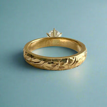 Load image into Gallery viewer, Kaimana Kula Shiny Maile &amp; Hibiscus 4mm Solitaire Ring with Cubic Zirconia in 14K Yellow Gold in size 8 1/8
