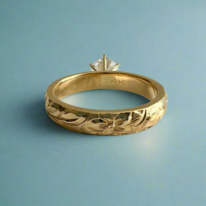 Kaimana Kula Shiny Maile & Hibiscus 4mm Solitaire Ring with Cubic Zirconia in 14K Yellow Gold in size 8 1/8