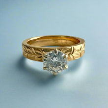 Load image into Gallery viewer, Kaimana Kula Shiny Maile &amp; Hibiscus 4mm Solitaire Flat Ring with Cubic Zirconia in 14K Yellow Gold in size 5 1/8
