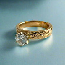 Load image into Gallery viewer, Kaimana Kula Shiny Maile &amp; Hibiscus 4mm Solitaire Flat Ring with Cubic Zirconia in 14K Yellow Gold in size 5 1/8

