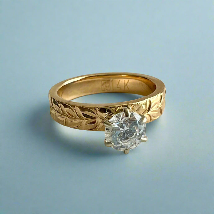 Kaimana Kula Shiny Maile & Hibiscus 4mm Solitaire Flat Ring with Cubic Zirconia in 14K Yellow Gold in size 5 1/8