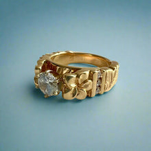 Load image into Gallery viewer, Deep Cut Old English &amp; Plumeria 8mm French Mount Ring with Diamonds &amp; Cubic Zirconia in 14K Yellow Gold in size 8 1/4
