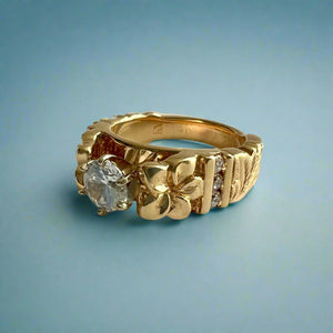 Deep Cut Old English & Plumeria 8mm French Mount Ring with Diamonds & Cubic Zirconia in 14K Yellow Gold in size 8 1/4