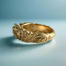 Load image into Gallery viewer, Deep Cut Old English &amp; Plumeria 8mm French Mount Ring with Diamonds &amp; Cubic Zirconia in 14K Yellow Gold in size 8 1/4
