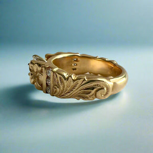 Deep Cut Old English & Plumeria 8mm French Mount Ring with Diamonds & Cubic Zirconia in 14K Yellow Gold in size 8 1/4