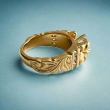 Load image into Gallery viewer, Deep Cut Old English &amp; Plumeria 8mm French Mount Ring with Diamonds &amp; Cubic Zirconia in 14K Yellow Gold in size 8 1/4
