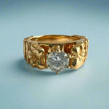 Load image into Gallery viewer, Deep Cut Old English &amp; Plumeria 8mm French Mount Ring with Diamonds &amp; Cubic Zirconia in 14K Yellow Gold in size 8 1/4
