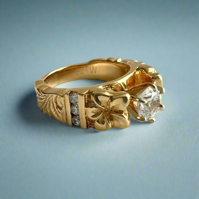 Deep Cut Old English & Plumeria 8mm French Mount Ring with Diamonds & Cubic Zirconia in 14K Yellow Gold in size 8 1/4