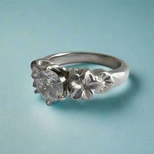 Load image into Gallery viewer, Small Plumeria with Leaves Solitaire Ring with Cubic Zirconia in 14K White Gold in size 7
