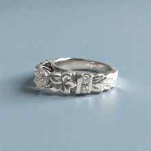 Load image into Gallery viewer, Deep Cut Maile &amp; Plumerias Solitaire Ring with Cubic Zirconia &amp; Diamonds in 14K White Gold in size 7
