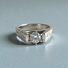 Load image into Gallery viewer, Shiny Maile &amp; Hibiscus 4mm French Mount Solitaire Flat Ring with Cubic Zirconia in 14K White Gold in size 6 1/4
