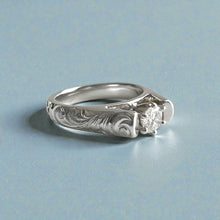 Load image into Gallery viewer, Old English &amp; Hibiscus 4mm French Mount Solitaire Ring with .25ct Diamond in 14K White Gold in size 6
