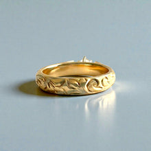 Load image into Gallery viewer, Old English &amp; Hibiscus 4mm French Mount Solitaire Ring with 4.2mm Cubic Zirconia in 14K Yellow Gold in size 6
