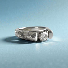 Load image into Gallery viewer, Old English &amp; Hibiscus 4mm French Mount Solitaire Ring with .24ct Diamond in 14K White Gold in size 6 1/8
