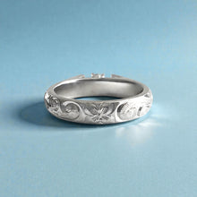 Load image into Gallery viewer, Old English &amp; Hibiscus 4mm French Mount Solitaire Ring with .24ct Diamond in 14K White Gold in size 6 1/8
