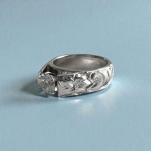 Load image into Gallery viewer, Old English &amp; Hibiscus 6mm French Mount Solitaire Ring with .75ct Cubic Zirconia in 14K White Gold in size 6 5/8
