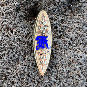 Maile Leaf Design Surfboard Pendant in 14K Yellow Gold w/ Initial K in Cobalt Blue Enamel