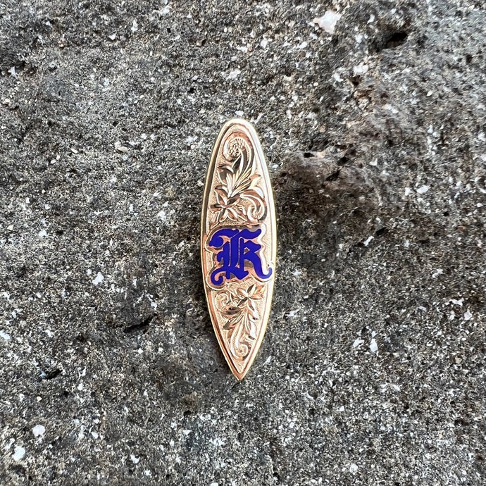 Gold Surfboard Pendant with Hawaiian Engraving and enamel Initial 
