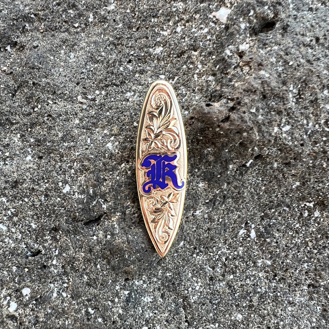 Old English Scroll & Hibiscus Design Surfboard Pendant in 14K Yellow Gold w/ Initial K in Cobalt Blue Enamel