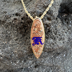 Old English Scroll & Hibiscus Design Surfboard Pendant in 14K Yellow Gold w/ Initial K in Cobalt Blue Enamel