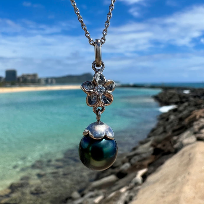 Plumeria Necklace with Diamond & Tahitian Black Pearl in 14K White Gold