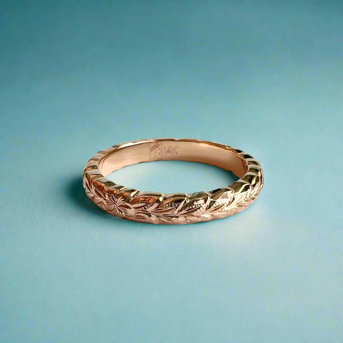 Scalloped Maile & Plumeria 3mm Ring in 14K Pink Gold