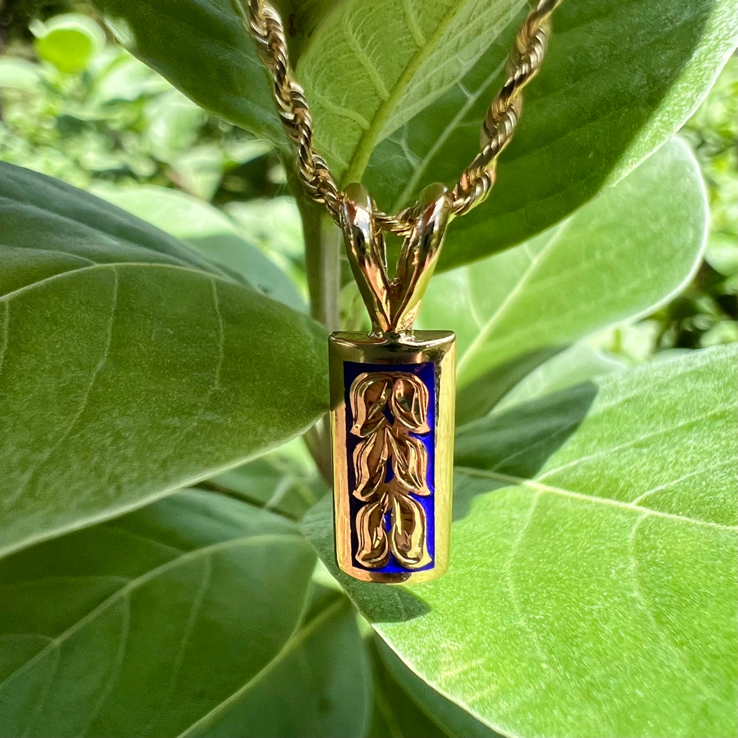 Ali'i Maile Design Pendant on Cobalt Blue Enamel in 14K Yellow Gold