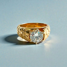 Load image into Gallery viewer, Hibiscus 6mm French Mount Solitaire Ring with 6.4mm Cubic Zirconia in 14K Yellow Gold in size 6 3/8
