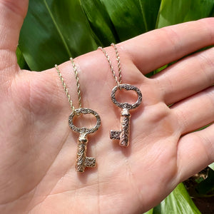 Old English Scroll, Maile Leaf, Plumeria & Hibiscus Design Key Pendant in 14K Yellow or Pink Gold