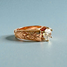 Load image into Gallery viewer, Old English &amp; Hibiscus 6mm Tapered French Mount Solitaire Ring with 1ct Cubic Zirconia in 14K Pink Gold in size 5 3/4
