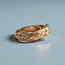 Load image into Gallery viewer, Old English &amp; Hibiscus 6mm Tapered French Mount Solitaire Ring with 1ct Cubic Zirconia in 14K Pink Gold in size 5 3/4
