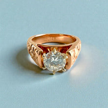 Load image into Gallery viewer, Old English &amp; Hibiscus 6mm Tapered French Mount Solitaire Ring with 1ct Cubic Zirconia in 14K Pink Gold in size 5 3/4
