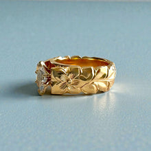 Load image into Gallery viewer, Scalloped Shiny Maile &amp; Hibiscus 8mm French Mount Solitaire Ring with .81ct Marquise Cubic Zirconia in 14K Yellow Gold in size 6 3/4
