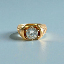 Load image into Gallery viewer, Shiny Maile 8mm Tapered French Mount Ring with 6.5mm Cubic Zirconia &amp; Heart Shape Diamonds in 14K Yellow Gold in size 5 1/4
