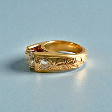 Load image into Gallery viewer, Shiny Maile 8mm Tapered French Mount Ring with 6.5mm Cubic Zirconia &amp; Heart Shape Diamonds in 14K Yellow Gold in size 5 1/4
