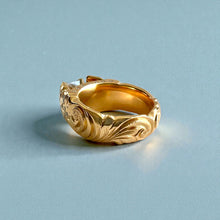 Load image into Gallery viewer, Scalloped Old English &amp; Hibiscus 10mm Tapered French Mount Solitaire Engagement Ring with Princess Cut 1ct Cubic Zirconia &amp; .5ct Diamonds in 14K Yellow Gold in size 7 1/4
