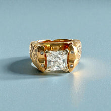 Load image into Gallery viewer, Scalloped Old English &amp; Hibiscus 10mm Tapered French Mount Solitaire Engagement Ring with Princess Cut 1ct Cubic Zirconia &amp; .5ct Diamonds in 14K Yellow Gold in size 7 1/4
