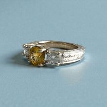 Load image into Gallery viewer, Malama Tapered Flat Ring with Yellow Sapphire and Diamonds in 14K White Gold in size 5 1/4
