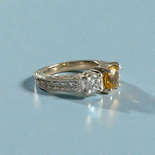 Load image into Gallery viewer, Malama Tapered Flat Ring with Yellow Sapphire and Diamonds in 14K White Gold in size 5 1/4
