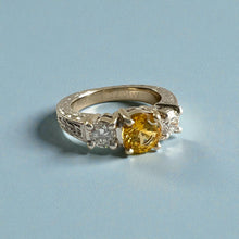 Load image into Gallery viewer, Malama Tapered Flat Ring with Yellow Sapphire and Diamonds in 14K White Gold in size 5 1/4
