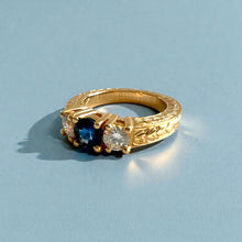 Load image into Gallery viewer, Malama Tapered Flat Ring with Blue Sapphire and Diamonds in 14K Yellow Gold in size 5
