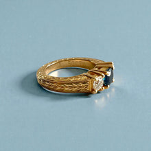 Load image into Gallery viewer, Malama Tapered Flat Ring with Blue Sapphire and Diamonds in 14K Yellow Gold in size 5
