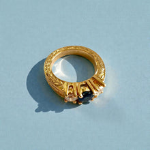 Load image into Gallery viewer, Malama Tapered Flat Ring with Blue Sapphire and Diamonds in 14K Yellow Gold in size 5
