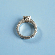 Load image into Gallery viewer, Malama Old English Flat Ring with 6.4mm Cubic Zirconia and Side Engraving in 14K White Gold in size 6 1/2
