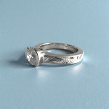 Load image into Gallery viewer, Malama Old English Flat Ring with 6.4mm Cubic Zirconia in 14K White Gold  in size 6 1/2
