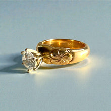 Load image into Gallery viewer, Kuilima Plumeria Ring with 6.4mm Cubic Zirconia in 14K Yellow Gold in size 6 5/8
