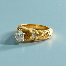 Load image into Gallery viewer, Kaimana Hibiscus Ring with  6.4mm ubic Zirconia &amp; Diamonds in 14K Yellow Gold in size 8 
